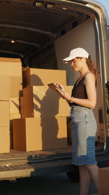 Two men are engaged in a home relocation process, seen on a paved driveway next to a brick wall. One man, wearing a cap, glasses, a padded jacket, and jeans, is lifting a large cardboard box with a fragile label, while the other man, dressed in a baseball cap, dark jacket, and sneakers, assists by stabilizing the box. They are transferring packed boxes from a white moving van parked nearby with its rear doors open, revealing more boxes inside secured on the floor. A two-wheeled hand trolley stands nearby, used for transporting heavier items, which appears to be in preparation for furniture transport or packing and moving activities. The scene is outdoors, with natural lighting, and the van is positioned adjacent to the property, indicating an ongoing load or unload process during a house removal handled by Man With a Van Dagenham, capturing the logistics involved in residential moves and furniture transportation.